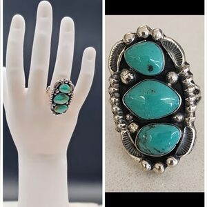 Navajo Sterling Silver Triple Turquoise Ring Western Southwestern size 6.5